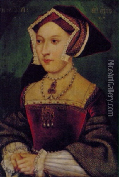 Portrait Of A Lady In A Burgandy Jewel And Gold-embroidered Dress With White Sleeves (jane Seymour?) Oil Painting - Hans Holbein the Younger
