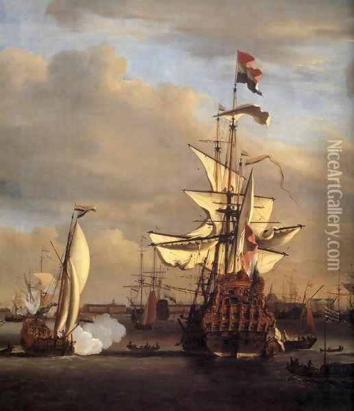 The Gouden Leeuw before Amsterdam (detail) Oil Painting - Willem van de Velde the Younger