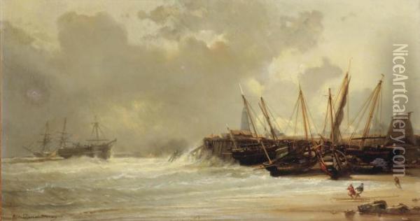 Fishing Vessels Moored On A Beach Oil Painting - Jean Baptiste Henri Durand-Brager