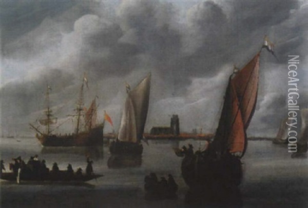 Hafenlandschaft Mit Segelschiffen Im Hintergrund Eine Kathedrale Oil Painting - Pieter Van Der Croos