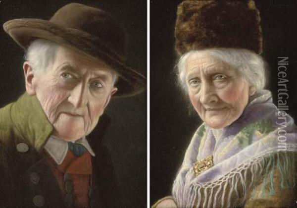 An Old Tyrolean Gentleman; And A Tyrolean Lady Oil Painting - Christian Heuser