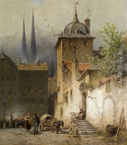 Old Town Idyll Oil Painting - August Eduard Schliecker