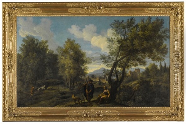 A Pastoral Landscape With Shepherds Before A Town Oil Painting - Jan Frans van Bloemen