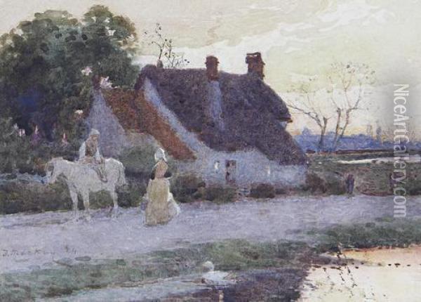 Figures By A Cottage At Sunset Oil Painting - Thomas Mackay