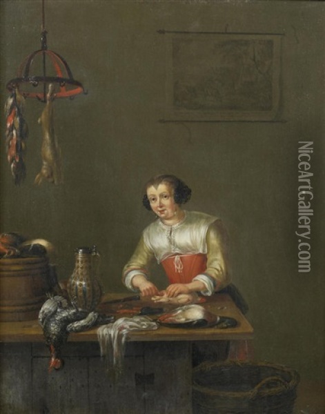 A Fishmonger; And A Poulterer (2) Oil Painting - Gerrit (Gerard) Battem