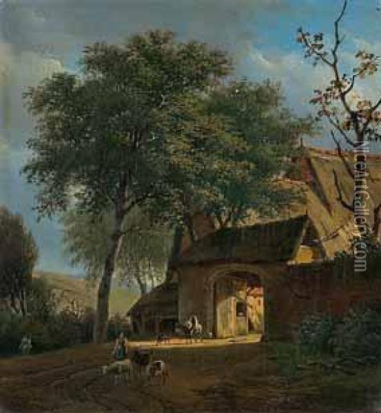 Ziegenhirtin Und Ein Hirte Auf Einem Esel Vor Einem Gehoft. Oil Painting - Jan Baptiste de Jonghe