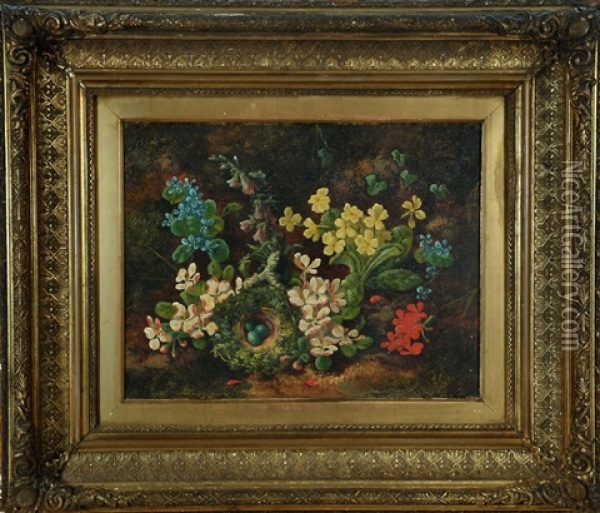 Fruhlingsblumen Und Vogelnest Mit Eiern Oil Painting - Henry John Livens