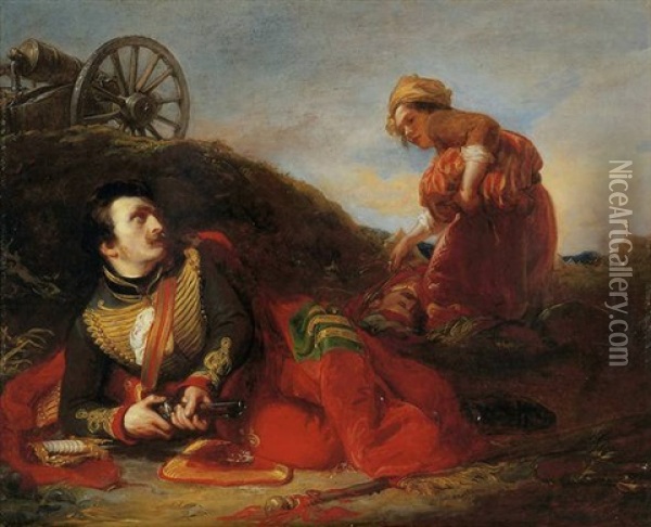 A Scene From The Adventures Of Ferdinand Count Fathom By Tobias Smollet: A Wounded Officer Of Hussars... Oil Painting - Henry Perronet Briggs