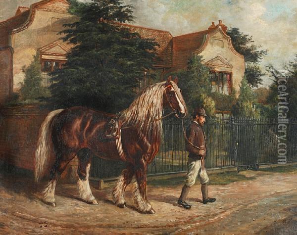 Groom Leading A Chestnut Dray Horse Before A House Oil Painting - Benjamin Cam Norton