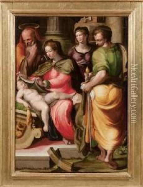 Sacra Famiglia Con I Santi Caterina E Paolo. Oil Painting - Pellegrino Pelegrini Tibaldi Da Bologna