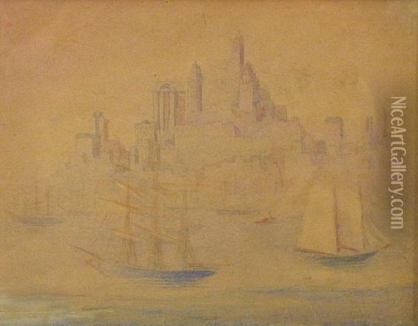 Ships And City Oil Painting - Theodore Butler