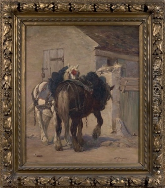 Deux Chevaux Devant L'ecurie Oil Painting - Charles Emile Jacque