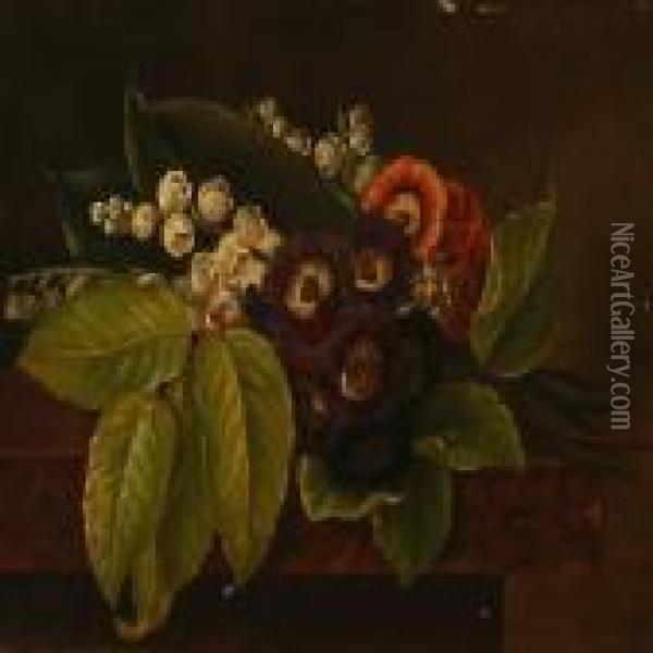 A Bouquet Of Flowers On A Sill Oil Painting - I.L. Jensen