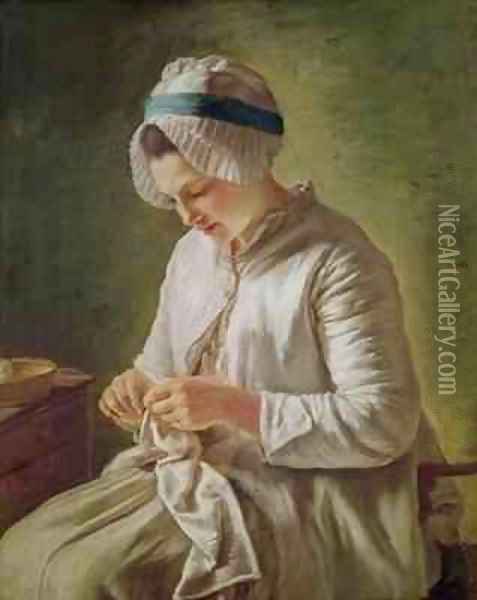 The Seamstress or Young Woman Working Oil Painting - Francoise Duparc