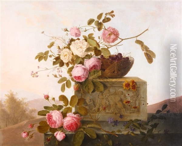 A Still Life Of Roses And A Basket Of Cherries Atop A Stone Ledge With Landscape Beyond Oil Painting - Emmanuel Fries