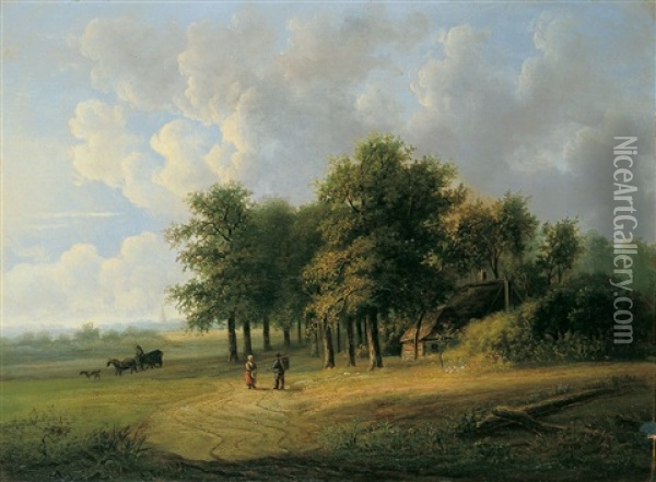 Flache Baumbestandene Landschaft Mit Wanderern Oil Painting - Andreas Danekes