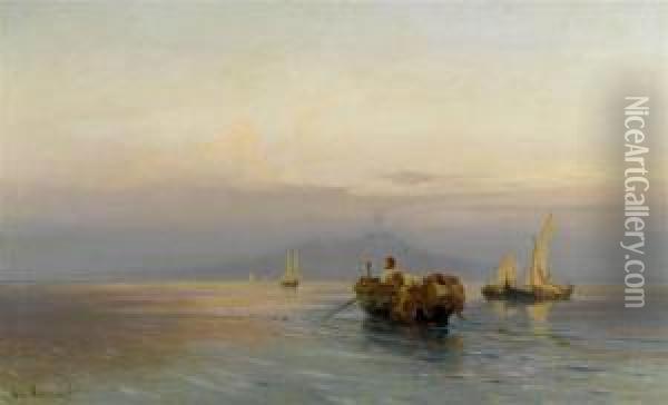 Fishing Boats In The Bay Of Naples With Vesuvius In The Background Oil Painting - Arthur Jean Bapt. Calame
