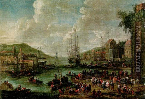 A Port With Men-o-war And Other Shipping, Townsfolk And Fishermen On The Shore Oil Painting - Adriaen Frans Boudewyns the Elder
