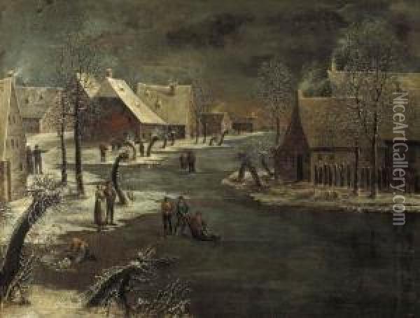 A Winterlandscape With Skaters On A Frozen Waterway In A Village Oil Painting - Jan Van De Capelle