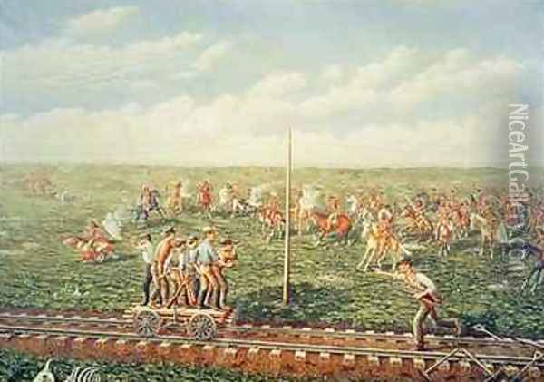Cheyenne Indians attack workers on the Union Pacific Railroad near Fossil Creek in Kansas Oil Painting - Gogolin, Jacob