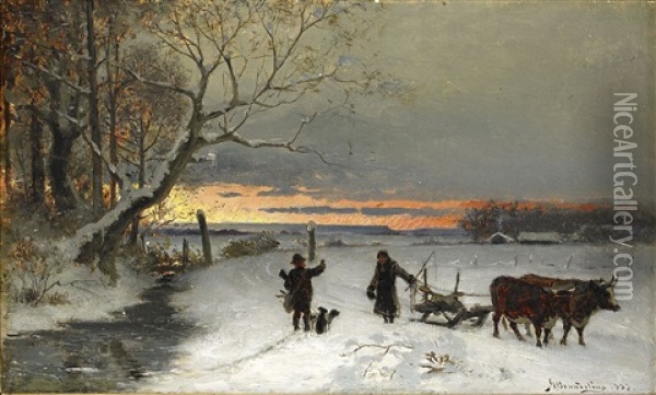 Vinterlandskap Med Jagare Oil Painting - Bengt-Johan-Gustaf Brandelius