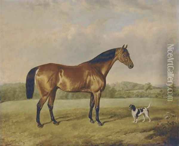 A bay hunter with a terrier in an extensive landscape Oil Painting - Edmund Bristow