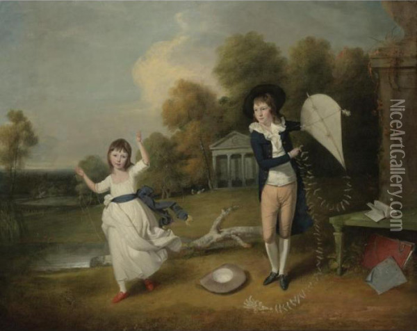 Portrait Of Henry Frederick Bouverie And His Sister Oil Painting - John Downman