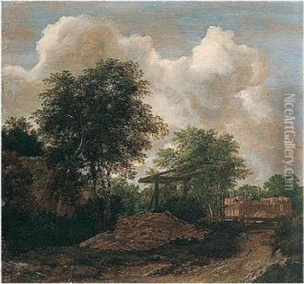 Wooded Landscape With Figures Building A House Oil Painting - Jacob Van Ruisdael
