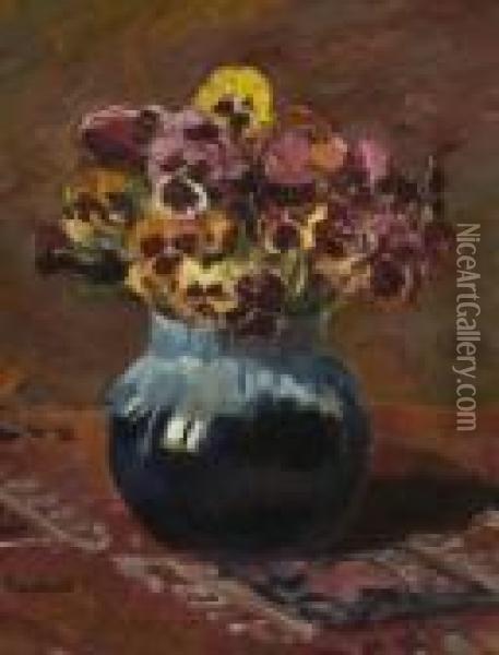 Stiefmutterchen In Blauer Vase. Oil Painting - Franz Roubaud