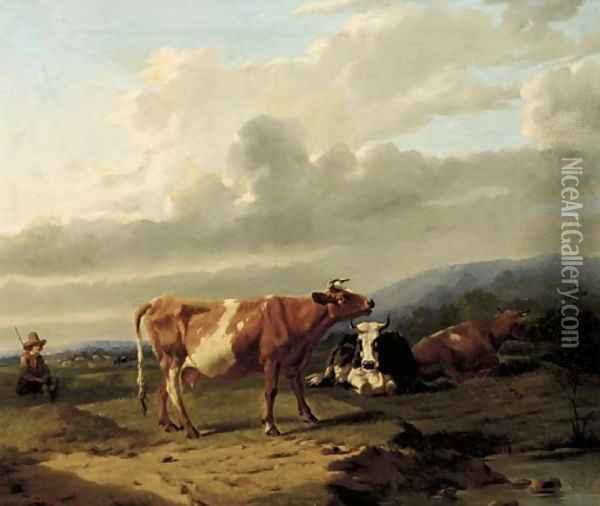 A cowherd and cattle in a summer landscape Oil Painting - Rosa Venneman