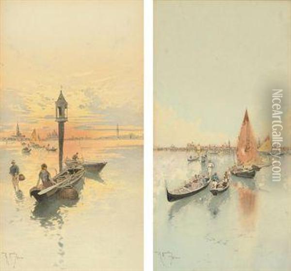 Fishing For Shrimp; And Gondolieri On The Lagoon, Venice Oil Painting - Raffaele Mainella
