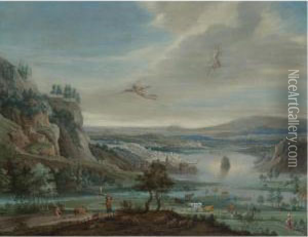 An Extensive River Landscape With The Fall Of Icarus Oil Painting - Pieter Gysels