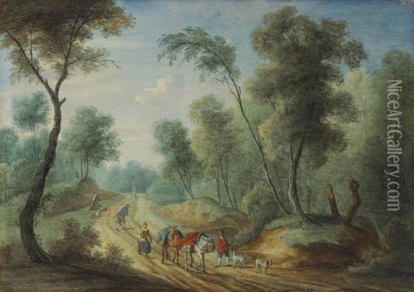 Travellers On A Path In A Wooded Landscape Oil Painting - Theobald Michau