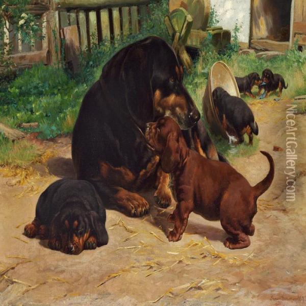 A Dachshund With Her Puppies Oil Painting - Simon Simonson