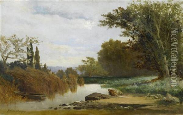 Landscape By The River Bank Oil Painting - Karl Pierre Daubigny