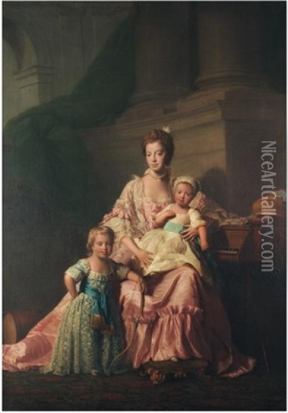 La Reine Charlotte Et Ses Deux Enfants, Les Princes George Et Frederick (collab. W/workshop) Oil Painting - Allan Ramsay