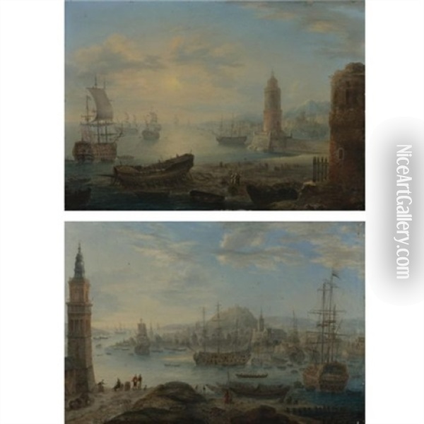 Views Of Mediteranean Port Capriccios With Men-o'war And Oriental Figures (pair) Oil Painting - Orazio Grevenbroeck