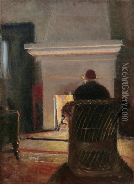 Interior With Holger Drachmann At The Fireplace In Villa Pax Oil Painting - Michael Peter Ancher
