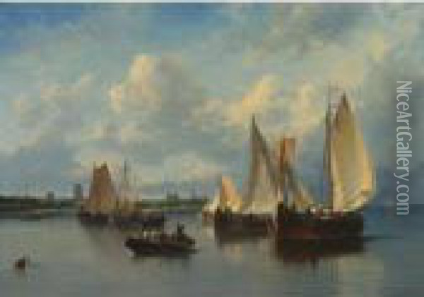 Sailboats At Anchor Oil Painting - Salomon Leonardus Verveer