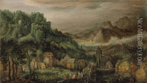 An Extensive Mountainous Landscape, With The Return From The Kermesse Oil Painting - David Vinckboons