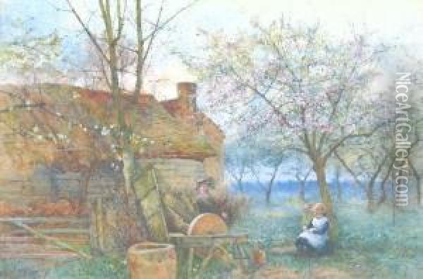 Children In An Orchard Oil Painting - Benjamin D. Sigmund