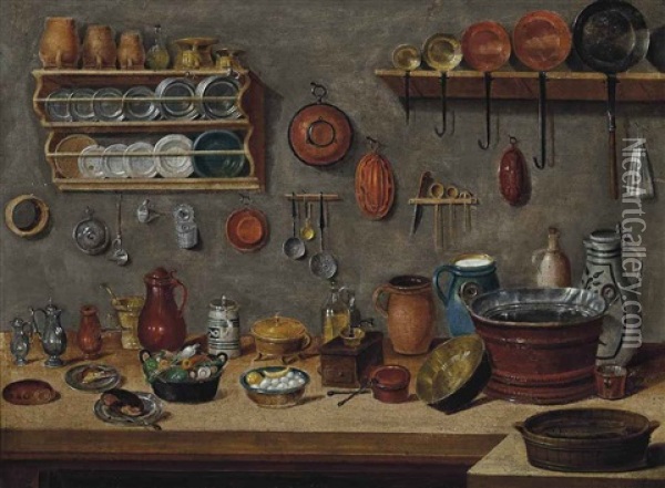 A Loaf Of Bread, Jugs, Vegetables In A Pot And Copper Pans On A Table, With Plates, Pans And Other Utensils On The Wall Oil Painting - Pieter Jacob Horemans