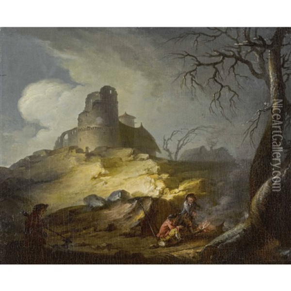 Abendliche Landschaft Mit Burgruine Und Lagerfeuer Oil Painting - Jean Baptiste Pillement