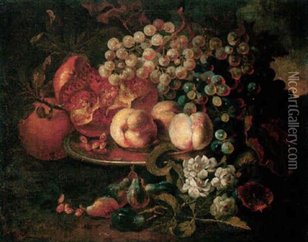 Still Life Of Peaches, Pomegranates And Grapes Upon A Pewter Plate, Together With Figs And Roses Oil Painting - Abraham Brueghel