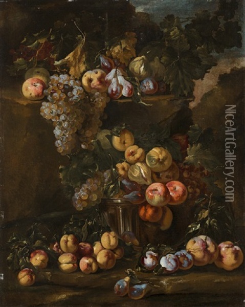 Frutta Varia All'aperto Su Balze Di Roccia E In Una Vasca Di Vetro Oil Painting - Bartolomeo Castelli the Younger