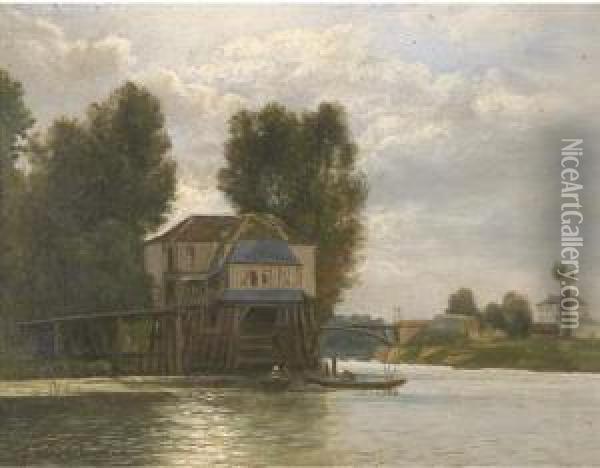 Barques De Pecheurs Sur Un Fleuve Oil Painting - Charles-Felix-Edouard Deshayes