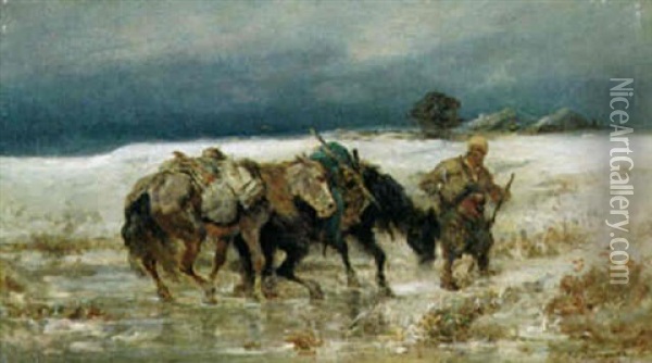 Ermattet; Pferde Im Winter Oil Painting - Adolf Schreyer