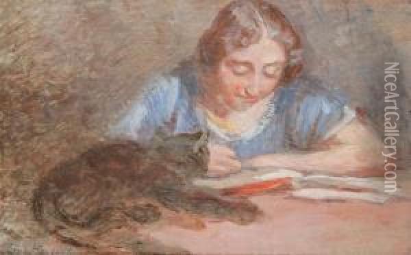 Diligent Student With Cat Oil Painting - Leon Houyoux