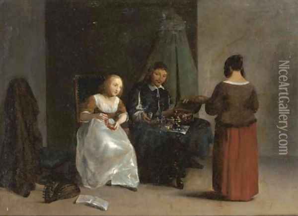A jewellery seller in an interior Oil Painting - Gillis van Tilborgh