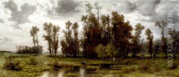 Flusslandschaft Mit Kuhen Am Rande Eines Birkenwaldchens Oil Painting - Karl Peter Burnitz